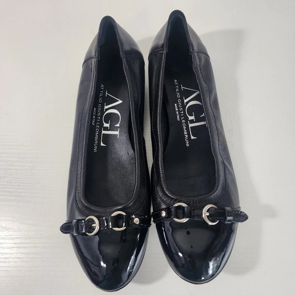 AGL Attilio Giusti Leombruni Ballet Flats Black Leather Patent Cap Toe Buckle 41 - Picture 2 of 12
